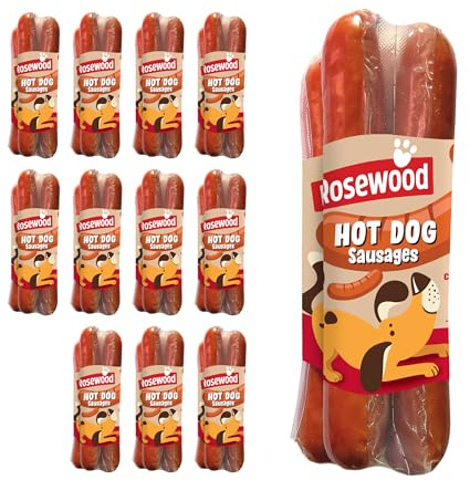 Rosewood Hot Dog Sausages for Dogs (Case of 12 x 220g) – Gluten Free Meaty Dog Treats with Real Chicken & Pork – Soft Training Snacks for Small, Medium & Large Dogs & Puppies