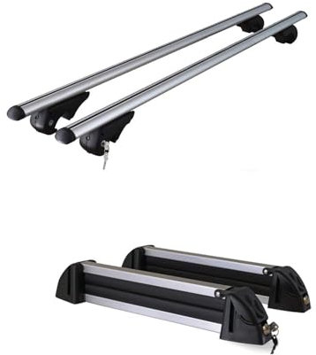 VDP Dachträger Rio 120 + Skiträger/Snowboardträger/Skihalter Alu 4 Paar Ski kompatibel mit Peugeot 2008 ab 2013
