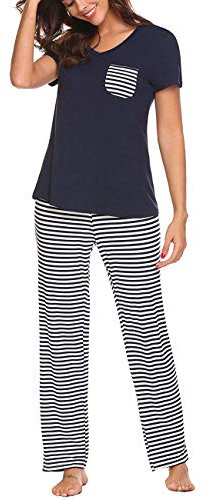 Uni-Wert Donna Pigiama Lungo Due Pezzi in Cotone Elegante Pigiami Set da Notte con Maniche Lunghe Pantaloni Lunghi Camicia da Notte per Donna