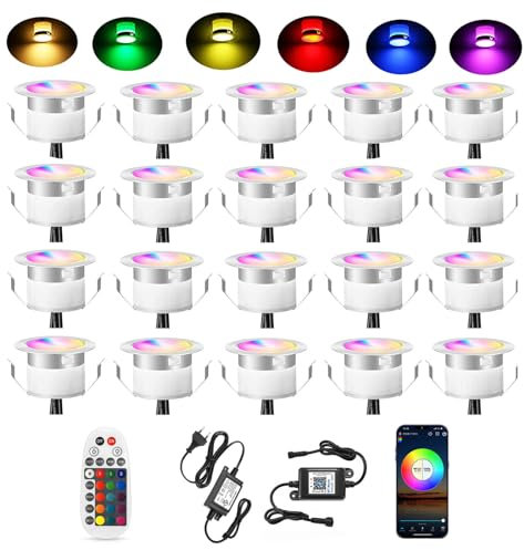 SUBOSI 20er Bluetooth RGBWW Led Bodeneinbaustrahle Aussen 0.5W Ø45mm IP67 Wasserdicht LED Einbaustrahler Terrasse Küche Garten Led Lampe Full Kit