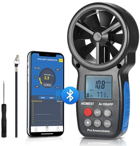 AI-100APP Anémomètre numérique avec Bluetooth, appareil portatif, compteur de vitesse du vent pour la vitesse du flux d'air, la température du vent, le refroidissement du vent, testeur, avec