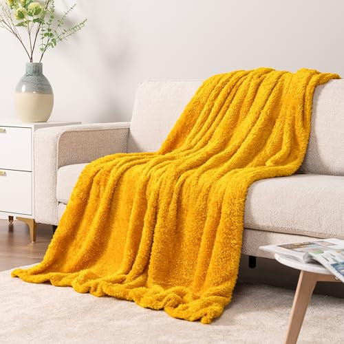 PAVILIA Sherpa-Überwurfdecke für Couch, Sofa, Senfgelb, flauschig, warm, Plüschdecke für Bett, gemütlich, superweich, leicht, flauschige dekorative Decke, für alle Jahreszeiten, 50 x 60 cm
