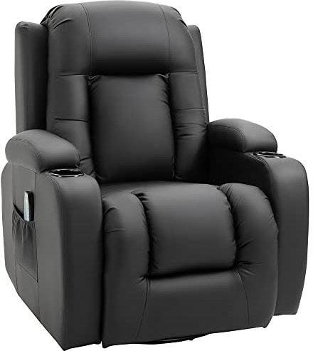 HOMCOM Fauteuil de Massage inclinable, Fauteuil de Relaxation, Dossier et Repose-Pieds réglable manuellement, Fonction Bascule, pivotant à 360°, Porte-gobelets, Poches latérales, télécommande, Noir