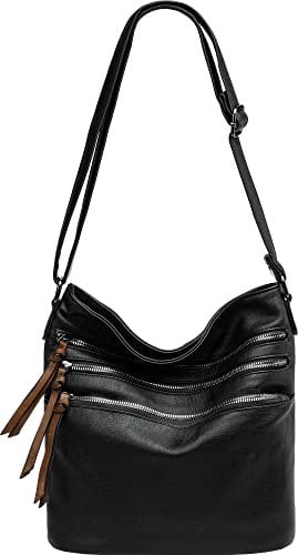 Caspar TS1071 sportlich elegante mittelgroße Damen Crossbody Bag Umhängetasche, Farbe:schwarz/cognac, Accessoires One Size:One Size