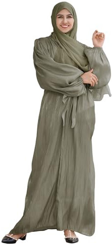 Damen Seide muslimische Kleider Abaya mit Hijabs Schal offene Vorderseite Cardigan Maxikleid Dubai Robe islamisch Mittlerer Osten Ethnisches Kleid, Armee + Hijabs, X-Groß