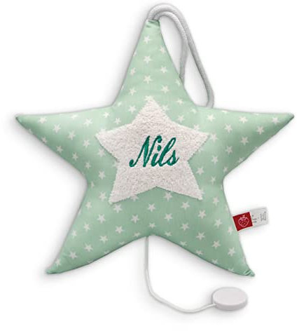 Babygeschenk zur Geburt Mädchen und Jungen - Spieluhr Stern handgenäht und personalisiert | viele verschiedene Melodien | Personalisiert mit Namen (mintgrün mit Sternen)