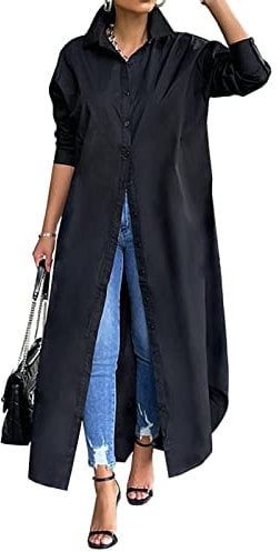 FeMereina Women Button Down Shirt Dress Long Sleeve Kaftan Tops Casual Collared V Neck Loose Boyfriend Long Tunic Tops Maxi Blouse Dress (Black, X-Large)