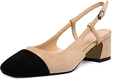 EDEFS Escarpins Femme Talons Bloc Slingback Bout Carré 5CM Chaussure Femme Mariage Bureaux Cérémonie Noir-Beige EU45
