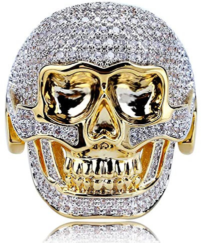 Myshiwu Man Skull Ring, Gold Plated Iced-out Skull Ring für Männer Goldschmuck Dainty Trendy(Ring Größe 54)