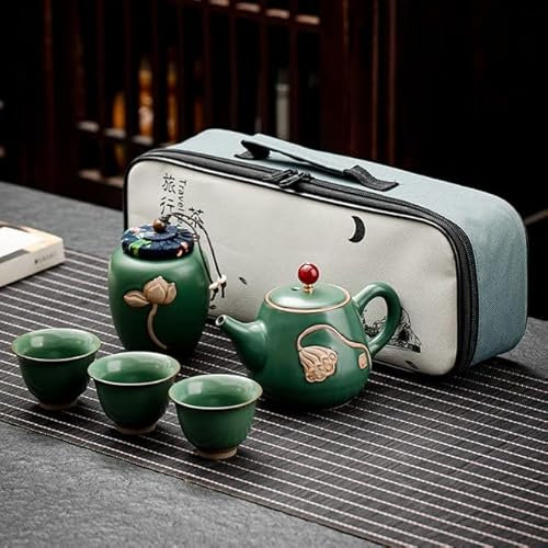 VIXDA Tragbares Reise-Kung-Fu-Teegeschirr-Set, Porzellan-Lotus-Teekanne, 3 Tassen mit Teedosen, handgefertigter Brennofen, Werbegeschenk, 280 ml