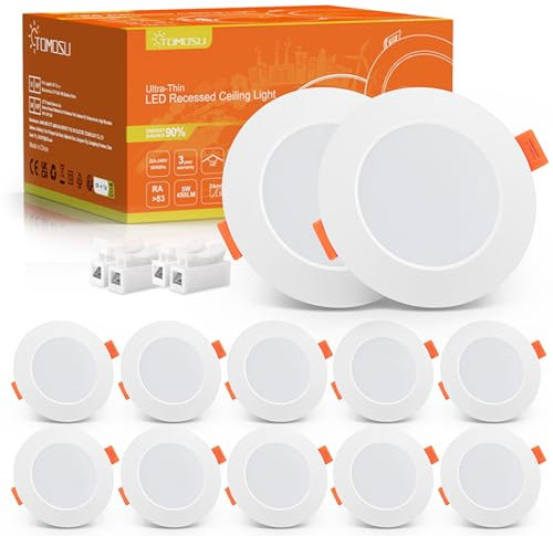 Tomosu Pack 10 Downlight LED Techo Empotrable Extraplano Redondo, 5W 450LM, Blanco Frio (6000K), IP44 Corte 75-90mm, AC 220-240V, Foco Empotrable LED Techo Ojo de Buey