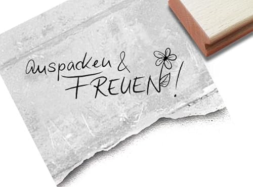 Stempel Auspacken und freuen! - Textstempel Karten Geschenkanhänger Tütenstempel Etiketten Schilder selbst gemacht Geschenke Scrapbook - zAcheR-fineT (groß ca. 65 x 21 mm)