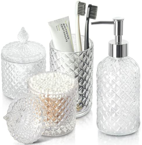 RYTOXILO Badezimmer-Zubehör-Set, 4 Stück, klares Glas, Bad-Zubehör-Set, komplett, Diamant-Seifenspender und Zahnbürstenhalter, Set für Badezimmer-Theke, Organizer, moderne Badezimmer-Dekoration