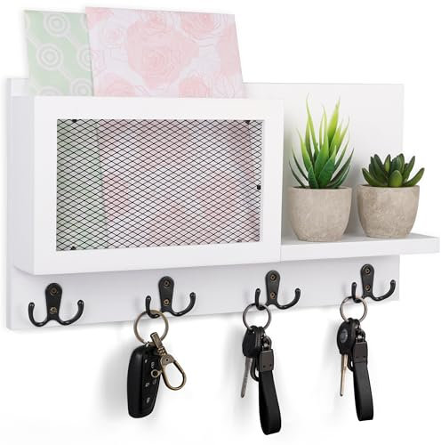 BELLE VOUS Wandmontiertes Weißes Schlüsselbrett mit Ablage und 8 Haken - Dekorative Briefablage & Schlüsselbrett Holz - Rustikale Schlüssel Aufbewahrung für Zuhause, Eingangsbereich, Flur & Vorraum