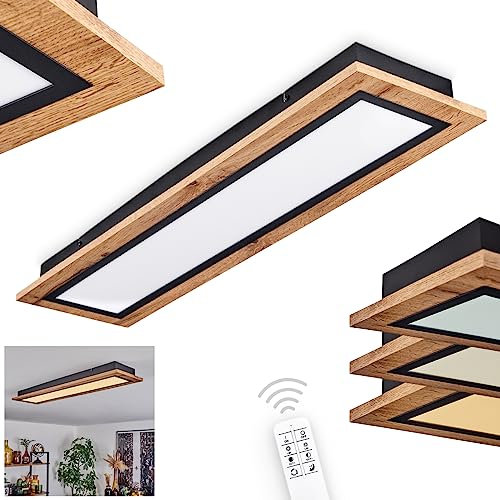 LED Deckenleuchte Salmi, dimmbare Deckenlampe aus Metall/MDF/Kunststoff in Schwarz/Holzoptik/Weiß, längliche Leuchte (80 cm x 20 cm), dimmbar über Fernbedienung, 3600 Lumen, 3000 Kelvin, LED 24 Watt