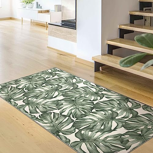 Bilderwelten Waschbarer Teppich Vintage rutschfest Aquarell Monstera Blätter in Grün Läufer Wohnzimmer Schlafzimmer 80x40 cm