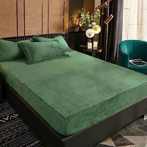 Luofanfei Winter Warme Spannbettlaken 90x200cm Boxspringbett Samt | Grün Salbeigrün Warm Kuschel Frottee Bettlaken Biber Uni Muster Spannbetttücher für Hohe Matratze Steghöhe 25-30cm