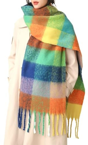 MININAI Chunky Winter Schals für Frauen Kaltes Wetter Warm Strick Dicker Plaid Schal Lange Große Übergroße Karierte Schals, Regenbogen, Einheitsgröße