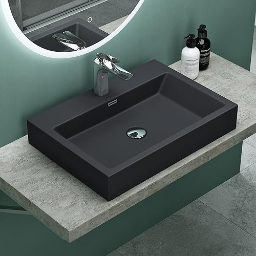 Mai & Mai Waschbecken Aufsatzwaschbecken Hängewaschbecken Breite: 60cm Waschschale Mineralguss in matt Anthrazit 1 Armaturenloch Bad Eckig Col06