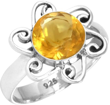 Jeweloporium Gelber Citrinquarz Silberring Größe 55 (17,5), 925 Sterling Silber Ring für Damen, Runder Stein Boho Schmuck