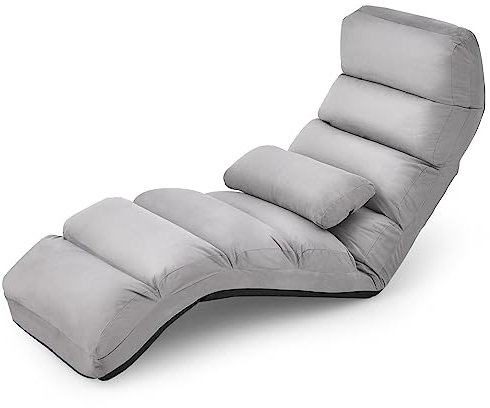 GOPLUS Fauteuil de Sol avec Dossier Inclinable Réglable sur 5 Niveaux, Canapé Paresseux avec Cadre en Fer et Coussin Chaise de Sol Pliable Longue Rembourrée, pour Salon/Chambre 175x55x20CM (Gris)
