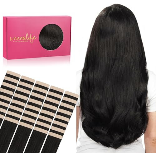 WENNALIFE Tape Extensions Echthaar, 40pcs 100g 50cm 20 Zoll Natürliches Schwarz Haarverlängerung Echthaar Extensions Tape Invisible Tape in Extensions Echthaar Hair Extensions Seidig Gerade Tape Ins