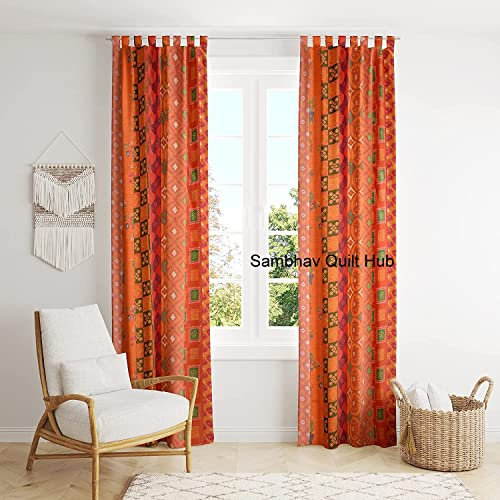 Sambhav Quilt Hub 2-teiliges Set, indisches Vintage-Seiden-Mischgewebe, Sari-Stoff, Patchwork, handgefertigt, Tür, Fenster, Stange, Tasche, Heimdekoration, Paneelvorhang-Set (orangefarbener