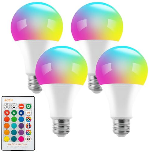 MODOAO Lampadina Cambiante Colore E27 5W Dimmable, Lampadine LED RGBW Illuminazione dell'umore con telecomando 24 tasti, 16 milioni di colori e funzione di memoria, per la casa, festa (4 Pack)