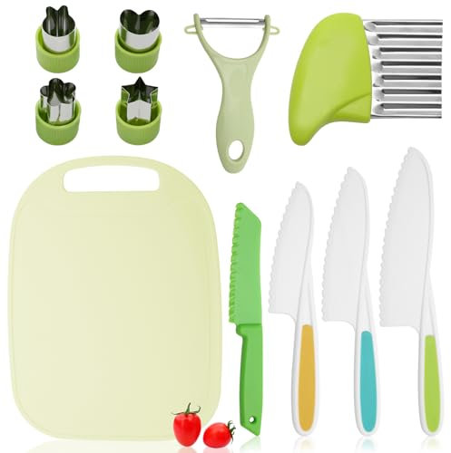 Montessori Lot de 11 couteaux de cuisine, couteaux à découper en plastique pour fruits et légumes, pour apprendre à couper avec boîtes à pain, emporte-pièces, éplucheur, planche à découper,