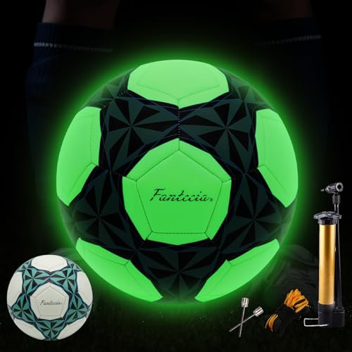 Fantecia Leuchtender Fußball Größe 5 mit Pumpe, Leder Training Spiele Fussball Leuchtend im Dunkeln, Fußball Ball für Jugendliche und Kinder
