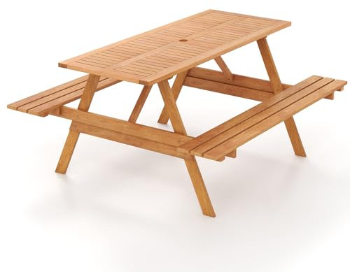 GOPLUS Table de Pique-Nique avec Bancs en Bois, Table de Salle à Manger d'Extérieur Rectangulaire pour 6 Personnes avec Trou pour Parasol, pour Patio, Terrasse, Jardin, Naturel