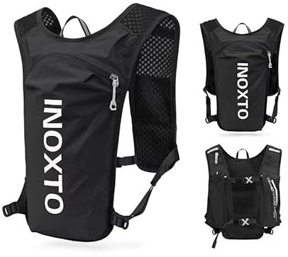 INOXTO Zaino da Corsa 5L - Leggero Zaino Idratazione con Strisce Riflettenti,Rete Traspirante per Outdoor, Maratona, Ciclismo, Alpinismo, Uomoe Donna (nero con bianco)
