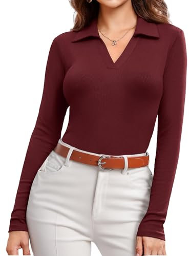 DittyandVibe Women's Long Sleeve Collared Polo Shirts Ribbed Knit Slim Fitted V Neck Work Tops, Burgundy, XL
