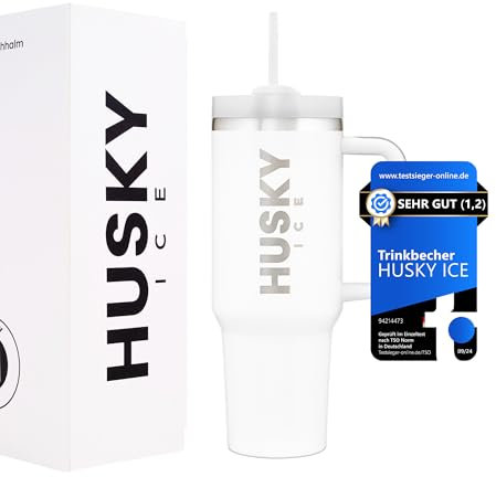 HUSKY ICE Thermobecher mit Strohhalm und Griff [24h Eiskalt] 1.2 Liter Cup - Trinkbecher mit Deckel und Strohhalm - Kaffebecher – Isolierbecher & Thermos (Weiss)