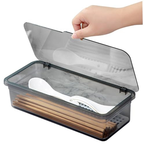 Silverware Organizer with Lid Transparent Ventilated Silverware Storage Box with Drainage 10.6x4.7x2.8in Stackable PP Cutlery Organizer for Home,Utensil Holder with Lid