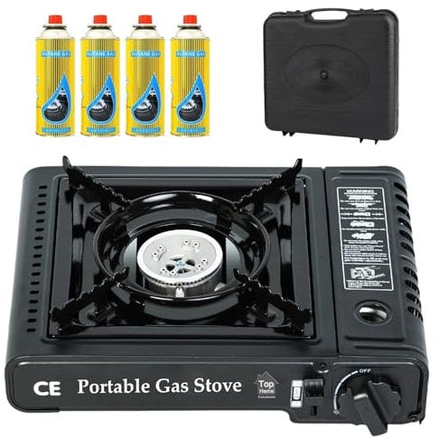 Top Home Solutions® Camping Stove - Portable Gas Stove Black With Carry Case & 4 Butane Gas Canisters, Heat Control, EN417 Compliant, Auto Ignition, Camping Cooker for Picnic, Garden & Outdoor