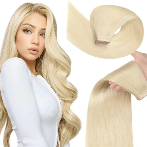 YDDM Tape Extensions Echthaar Hellblond 20pcs 60cm 50g Bleichblond Remy Invisible Tape in Extensions Echthaar Blonde Tapes Ins Dunkelblond Tape Extensions Skin Weft Haarverlängerung(24Zoll,60#)