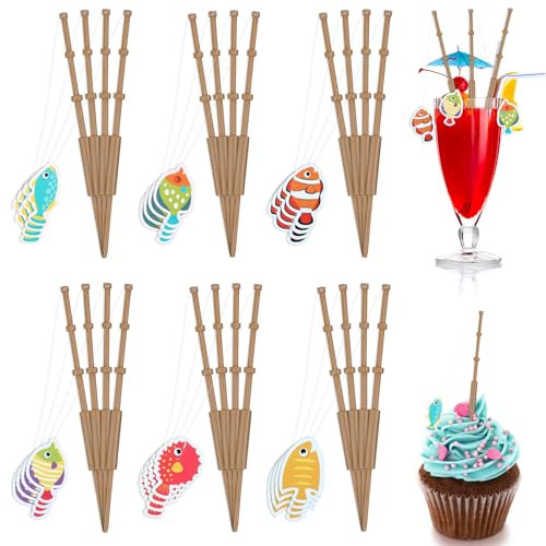 24pcs Mini Fish Pole Decoration, Little Fisherman Tiny Fishing Rod Picks Cupcake Toppers Birthday Party Decors for Cake Drink Cocktail Dessert Decorations Party Supplies