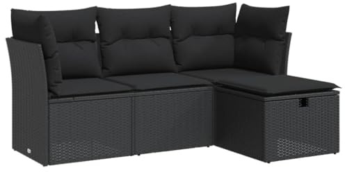 vidaXL 4-TLG. Garten-Sofagarnitur mit Kissen Schwarz Poly Rattan