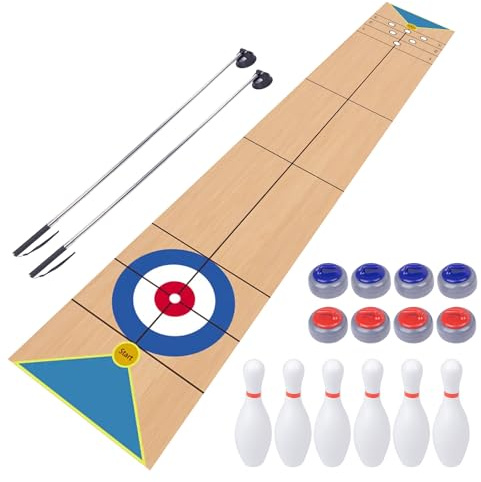 WodGod 8.98’L Shuffleboard, Curling and Bowling 3 in 1 Board Game Set,with 8.98 Foot Game Mat,2 Cues,8 Curling Rocks,6 Bowling Pins,Fun Family Game