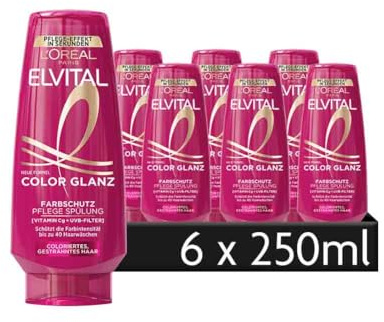 L'Oréal Paris Elvital Spülung, Farbschutz für coloriertes und gesträhntes Haar, Mit Pfingstrosenextrakt und Leinsamenöl, Color-Glanz, 6 x 250 ml