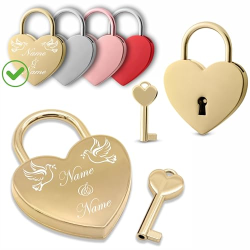Liebesschloss mit Gravur und Schlüssel - Herzschloss Vorhängeschloss personalisiert mit Wunschtext und Design - Pärchen Geschenke für Frauen - Geschenke für Paare - Partner Geschenke für Ihn (Gold)