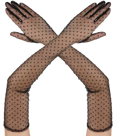 Yolev Spitze Handschuhe Schwarz Tüll Netzhandschuhe Lange Handschuhe Schwarz Damen Gepunktete Netzhandschuhe für Hochzeit Teeparty Tanz Halloween Kostüm Abschlussball