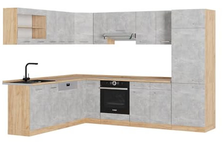 Vicco Eckküche R-Line, Beton/Goldkraft Eiche, 227 x 287 cm ohne Arbeitsplatte