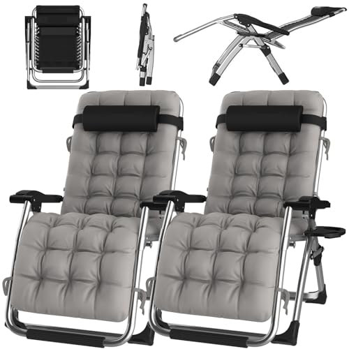 ONKBOITE 2er Set Sonnenliege klappbar Liegestuhl Gartenliege Keine Installation, mit Getränkehalter, Relaxliege mit Kissen, atmungsaktiv, für innen Gartenstuhl Campingstühle(Grau, 72cm)