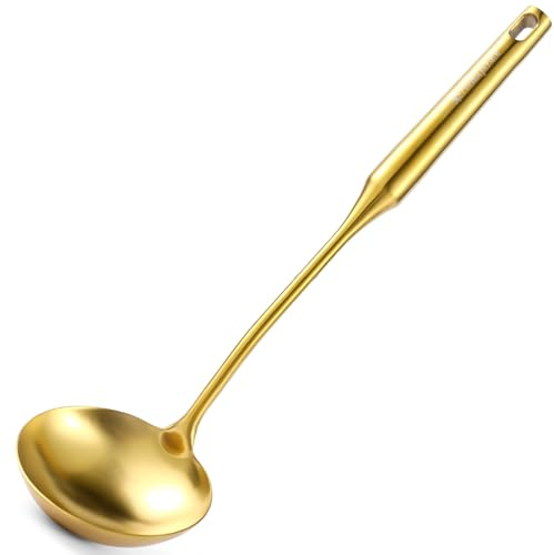 Gold Soup Ladle - Stainless Steel Ladle Spoon, Perfect Gifts | 13.8Large Soup Spoons [Integral Forming, Heat Resistance] Kitchen Metal Ladel for Cooking, Serving, Stirring, Wok & Soup
