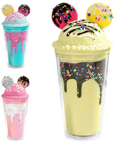 SilverChry Vasos con Tapa y Pajita, Tazas de Café Helado 450ML -Lindo diseño de Helado Oso Purpurina Doble Pared Vaso de Plástico Prueba de Fugas, Travel Mug Vaso Termico Café Matcha Batidos (Yellow)