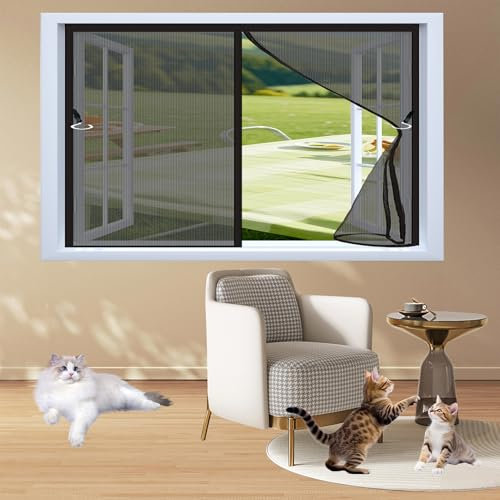 Fliegengitter Balkontür Magnet 118 x 120 cm Ohne Bohren Magnet Insektenschutz Fenster Luft Kann Frei Strömen Nicht Kürzbar mit Selbstklebendes Klettband, Schwarz