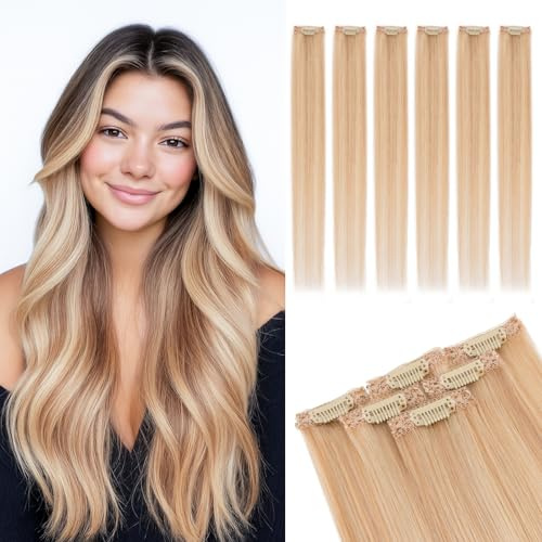 MY-LADY Clip in Extensions Echthaar 6 Stück, 25cm Haarverlängerung Natürlich, Single Clip Hair Extension Highlights für Frauen Damen Glatt Ascheblond/blond(#18P613, 31g)