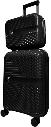 RYDR 2-Piece Lightweight Luggage Set Hard Shell Suitcase with Combination Lock Spinner Wheels Travel Carry On Hand Cabin Luggage with Beauty Case (Black)